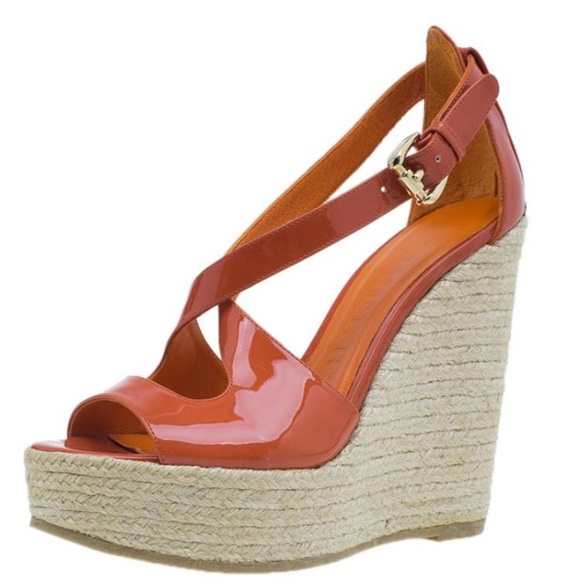 Burberry Orange Patent Leather Abbott Espadrille Wedges 39 - Picture 1 of 12